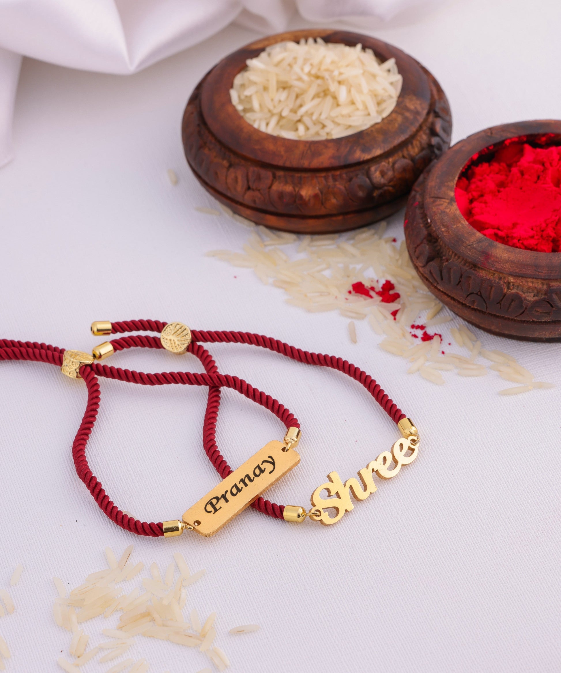 Bhai Bhabhi Name Rakhi Combo with Red Thread