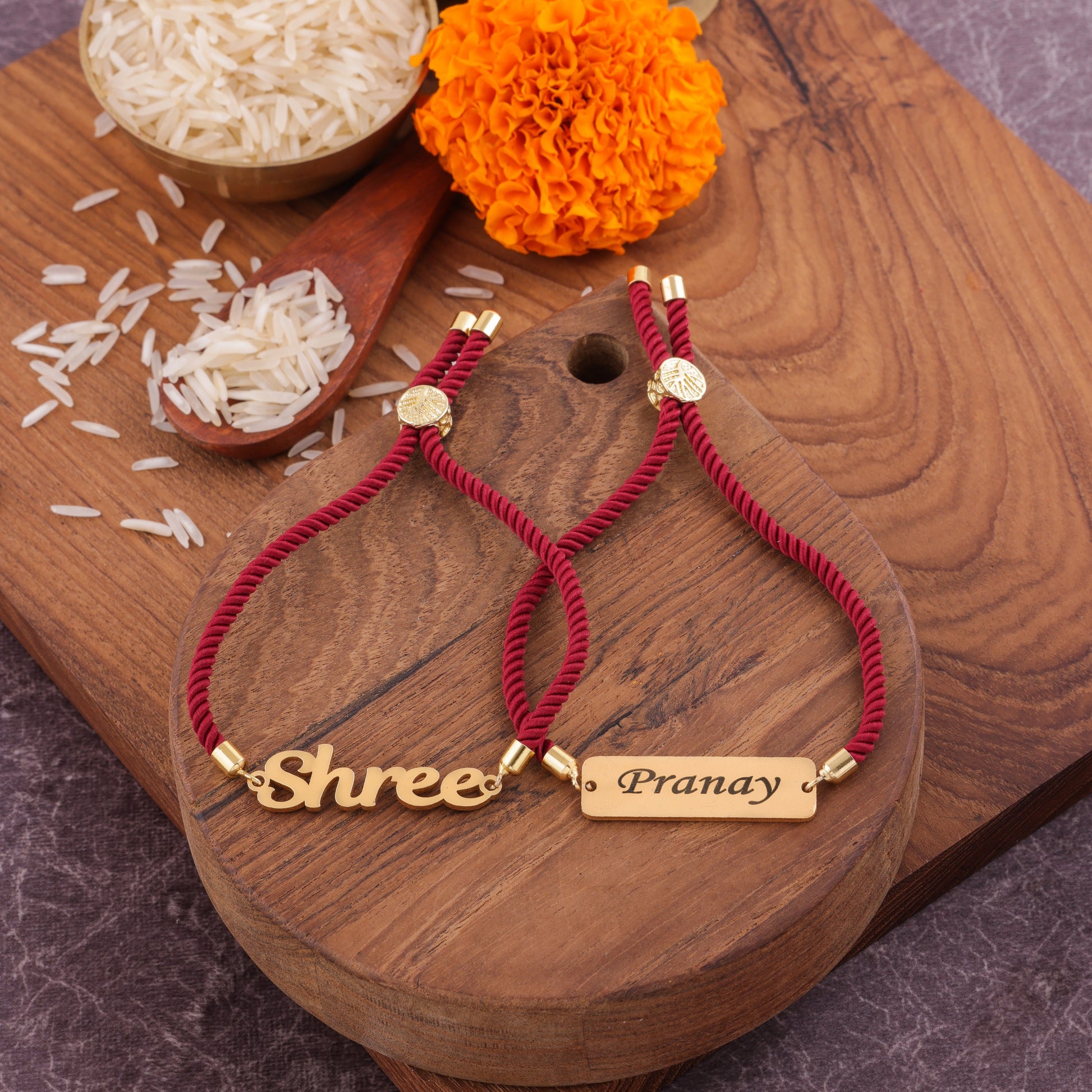 Bhai Bhabhi Name Rakhi Combo with Red Thread