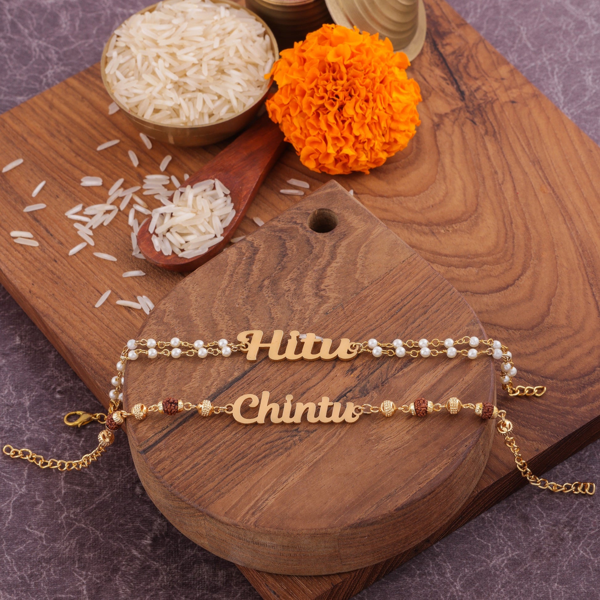 Bhai Bhabhi Name Rakhi Set with Rudraksh and beads