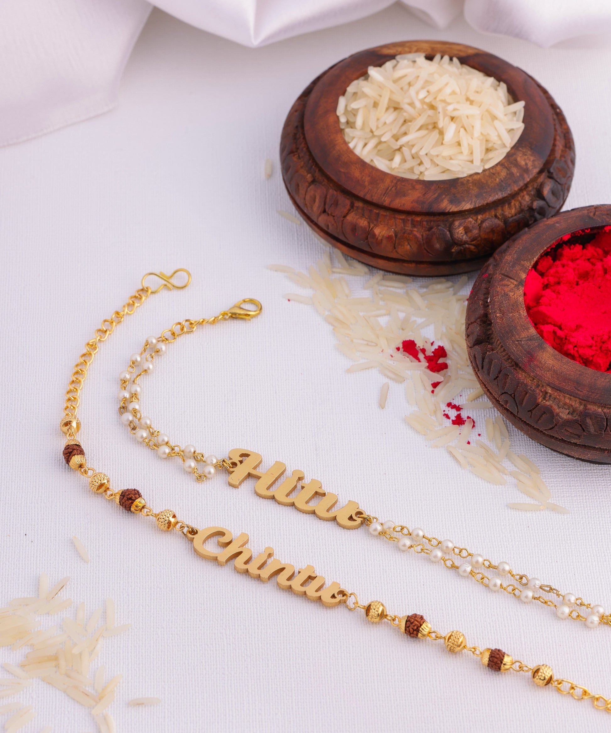 Bhai Bhabhi Name Rakhi Set with Rudraksh and beads
