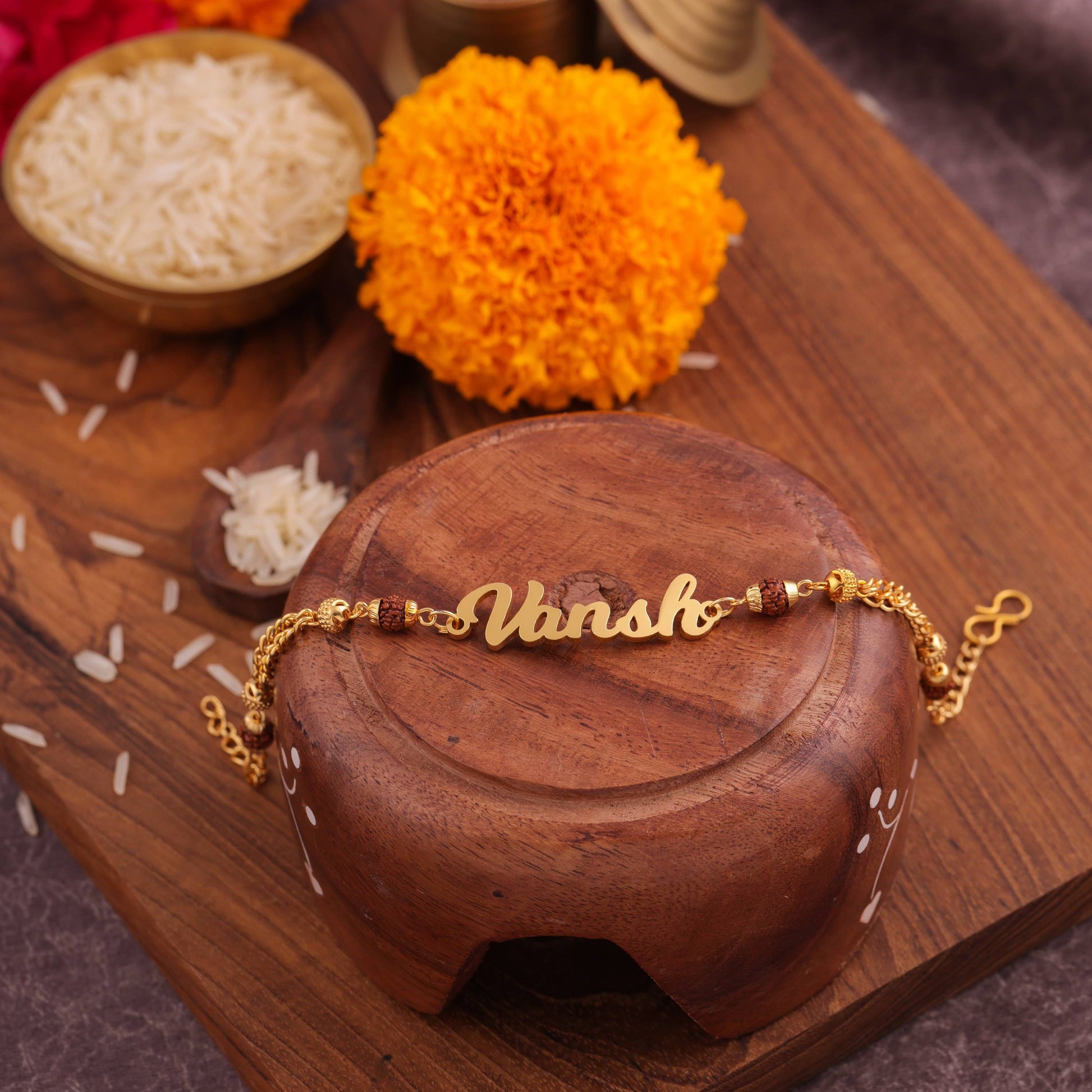 Customized Rakhi With Name And Rudraksh Chain