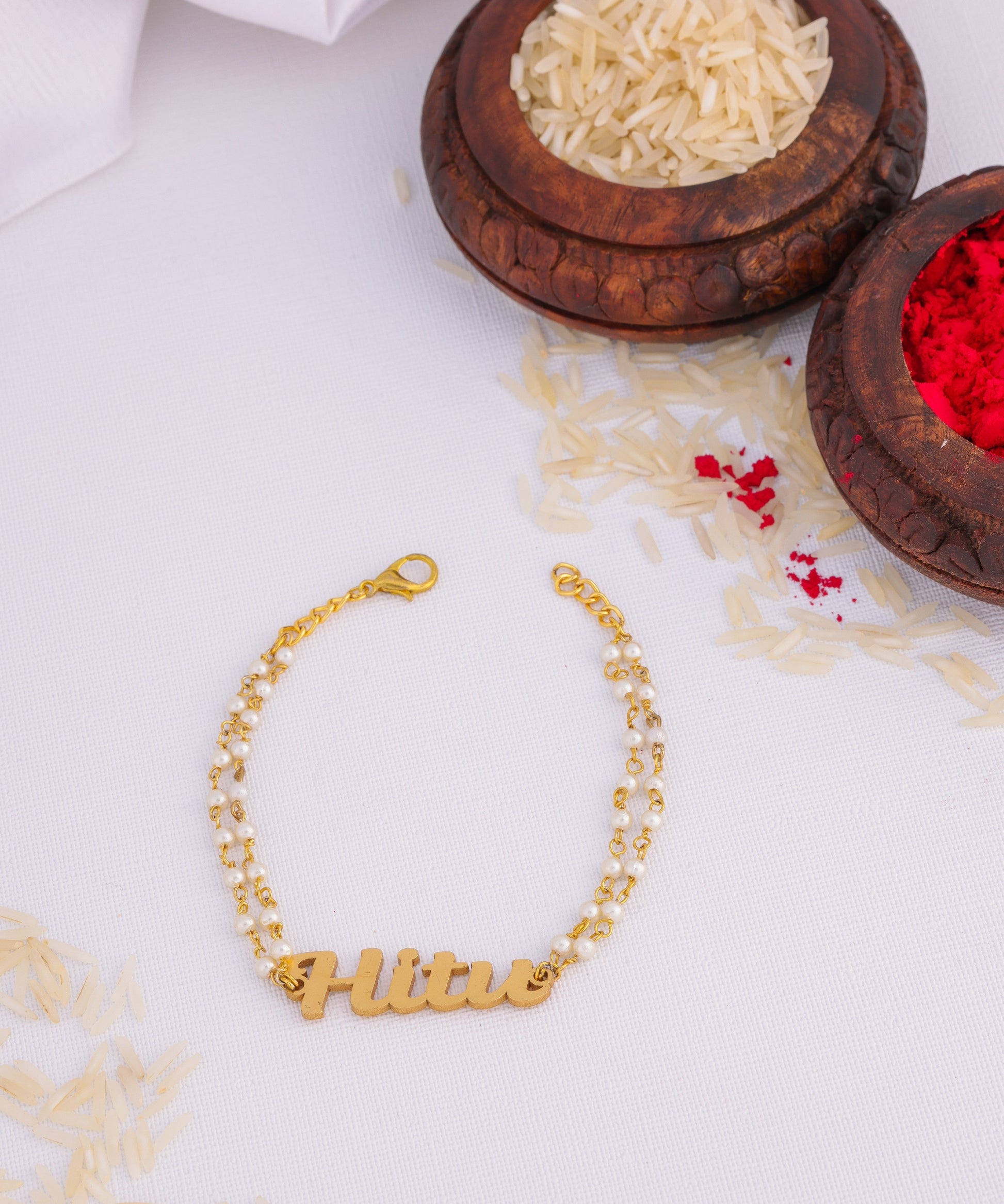 Customized Rakhi With White Pearl chain