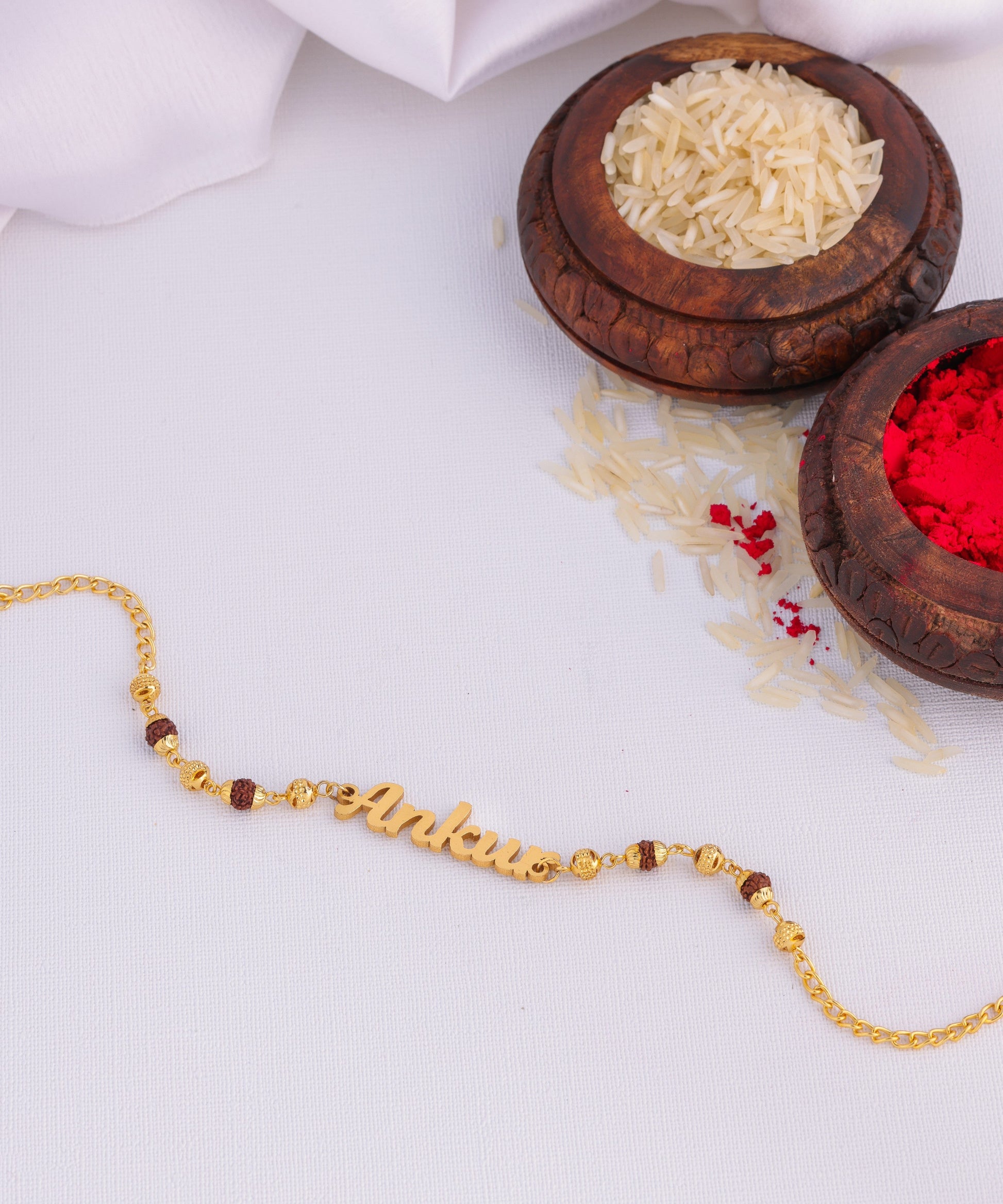 Golden Customized Rakhi With Rudraksha Chain