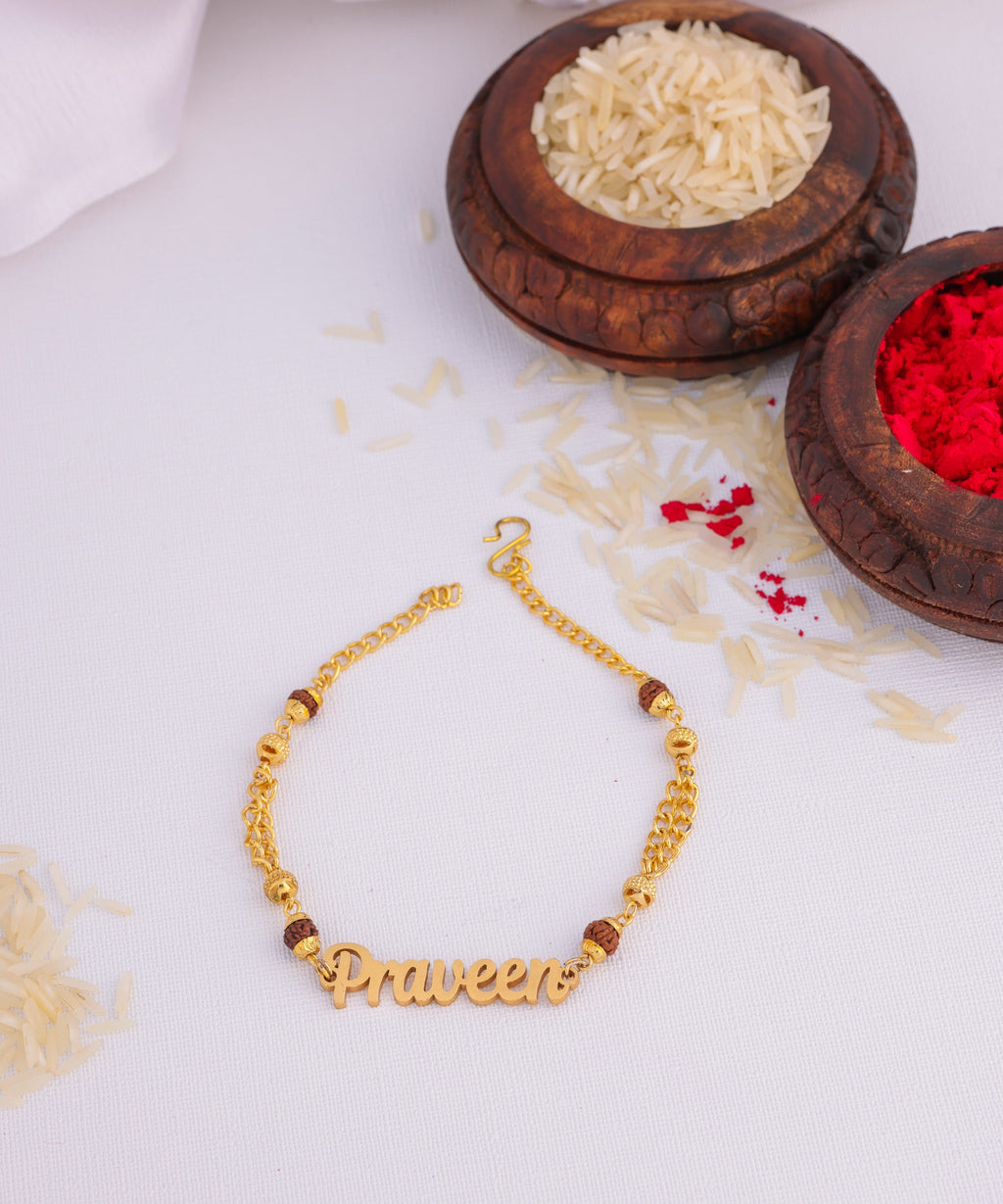 Customized Rakhi With Name And Rudraksh Chain