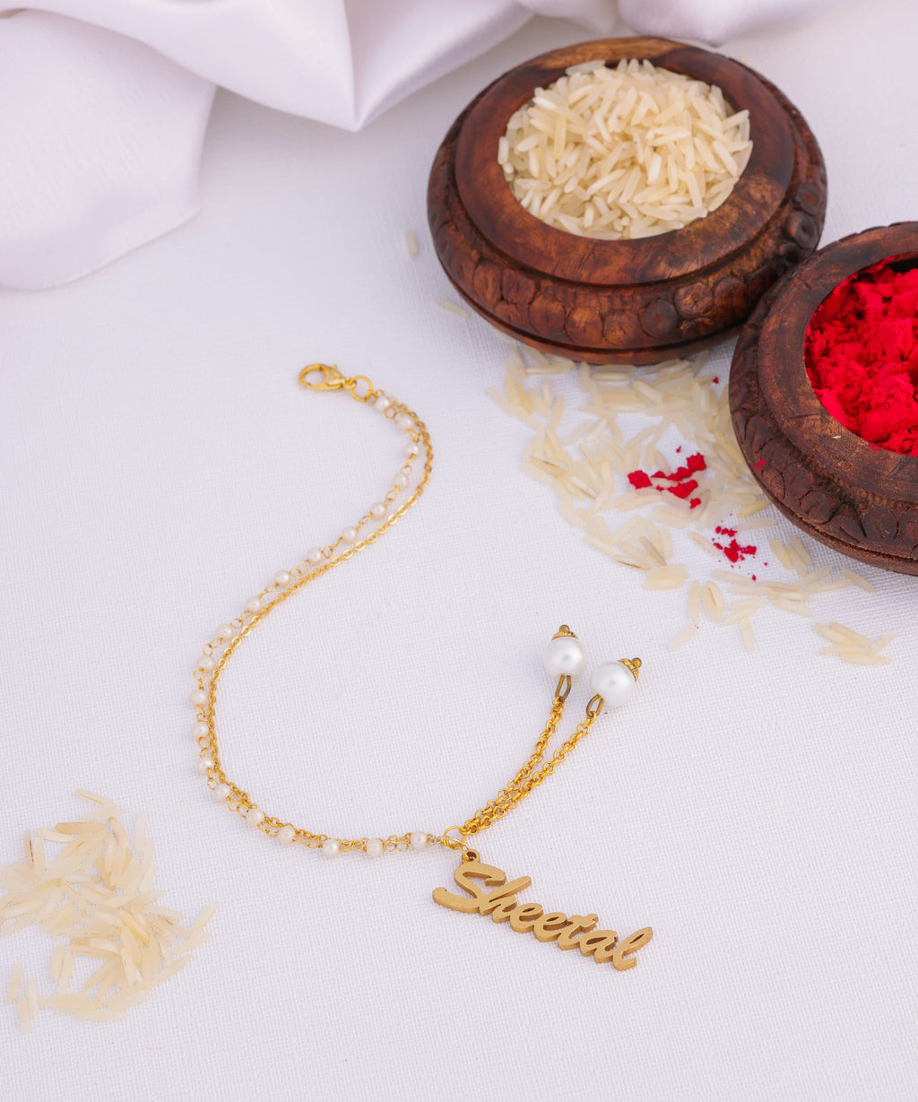 Customized Rakhi With White Pearl Beads